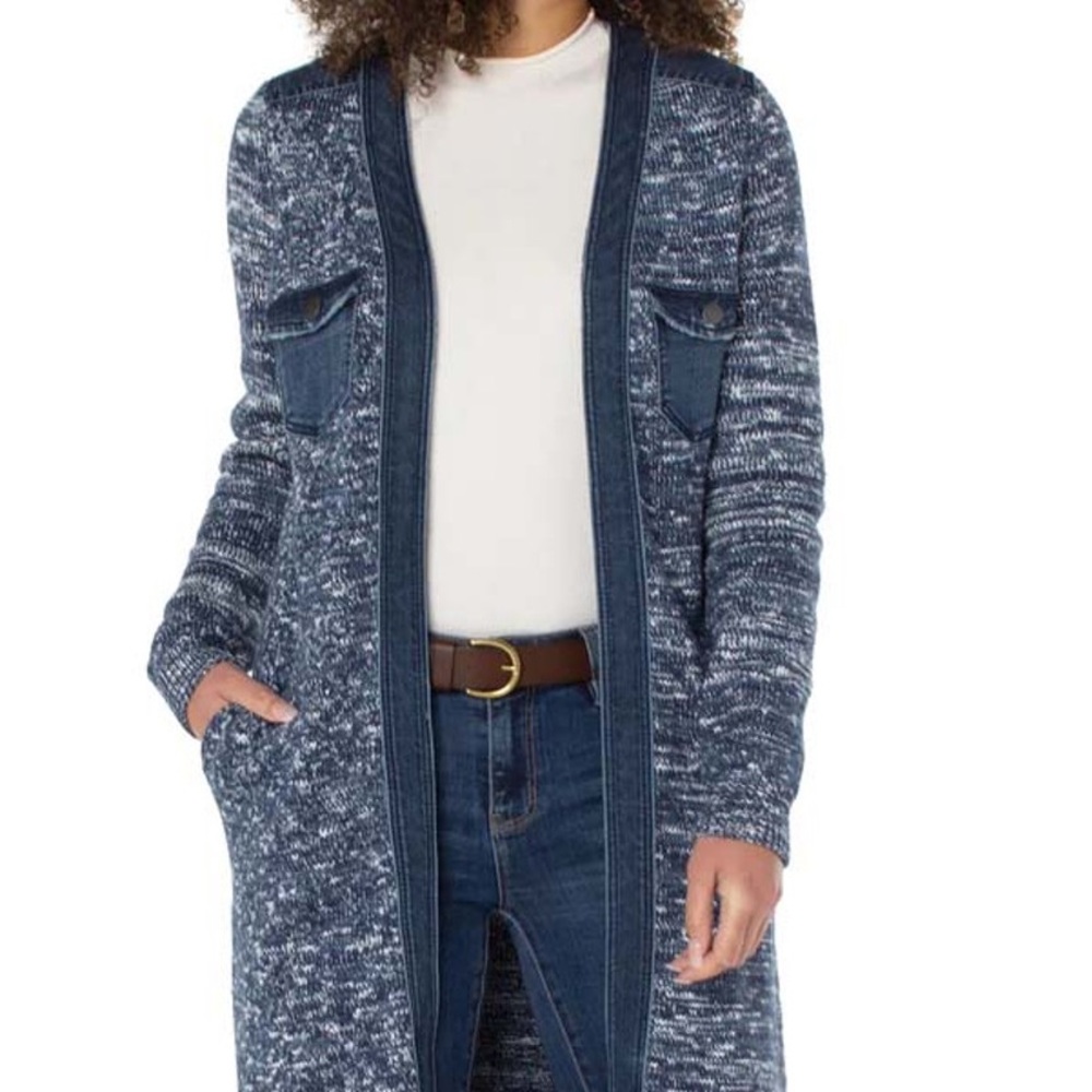 Liverpool denim blue and white  cardigan size small NWT